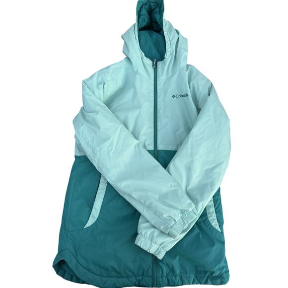 Columbia Jacket Girls Large Blue White Full Zip Hooded Lined Logo Puffer Coat - Picture 1 of 4